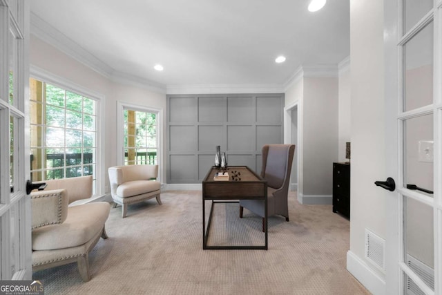 4544 Cavallon Way NW, Acworth, GA 30101 - office area featuring ornamental molding, light carpet, a decorative wall, and recessed lighting