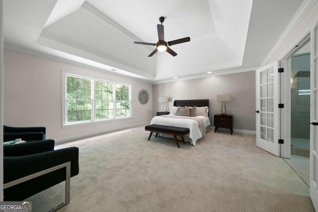 4544 Cavallon Way NW, Acworth, GA 30101 - carpeted bedroom featuring a tray ceiling, french doors, ornamental molding, and a ceiling fan