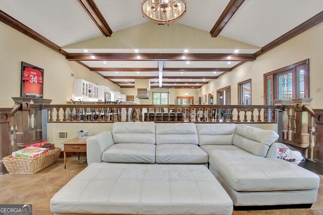115 Shoal Creek Dr, Sharpsburg, GA 30277 - living room with recessed lighting, a chandelier, and ornamental molding