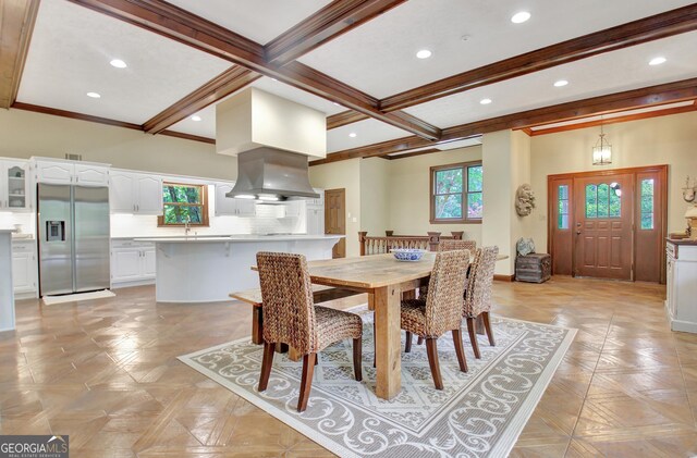 115 Shoal Creek Dr, Sharpsburg, GA 30277 - dining area with healthy amount of natural light, beamed ceiling, recessed lighting, and crown molding