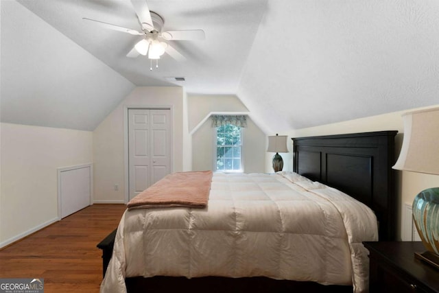 17 Shotgun Rd NW, Cartersville, GA 30121 - bedroom with wood finished floors, vaulted ceiling, a ceiling fan, and a closet