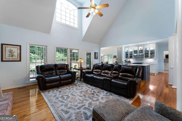 17 Shotgun Rd NW, Cartersville, GA 30121 - living room featuring high vaulted ceiling, light wood-style flooring, and ceiling fan