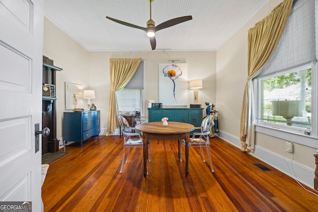 514 S Jefferson St, Washington, GA 30673 - dining room featuring a ceiling fan, hardwood / wood-style flooring, and crown molding