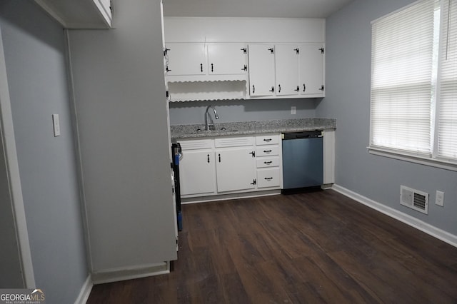 39 Mcferrin Cir, Riverdale, GA 30274 - kitchen featuring dishwashing machine, dark wood-type flooring, white cabinetry, and light stone counters