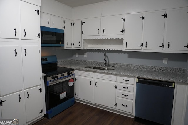 39 Mcferrin Cir, Riverdale, GA 30274 - kitchen featuring dishwashing machine, electric range, dark wood finished floors, open shelves, and white cabinetry
