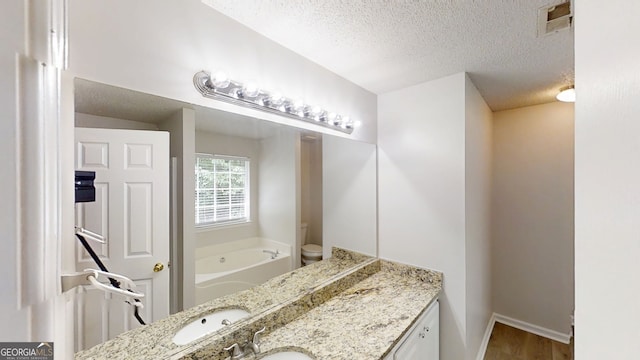 3157 Peartree Dr NW, Acworth, GA 30101 - bathroom with a textured ceiling, a garden tub, vanity, and wood finished floors