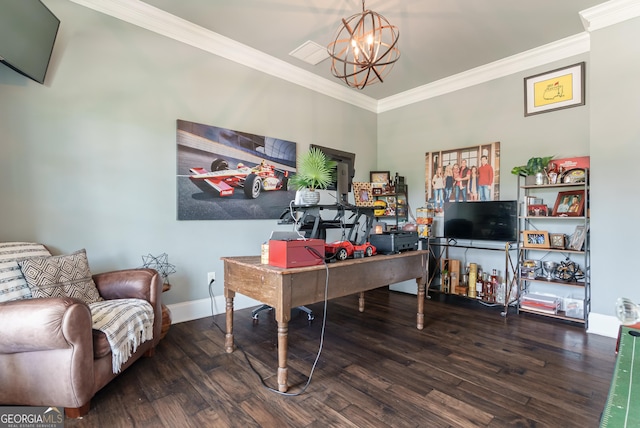 2816 Oconee Springs Dr, Statham, GA 30666 - office featuring wood finished floors, crown molding, and a chandelier