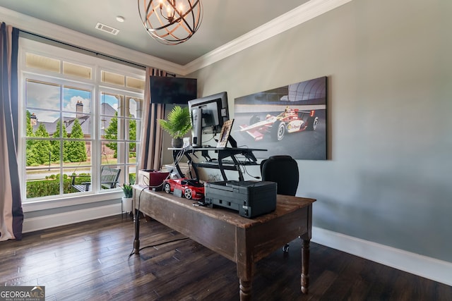 2816 Oconee Springs Dr, Statham, GA 30666 - home office featuring a chandelier, crown molding, and wood finished floors