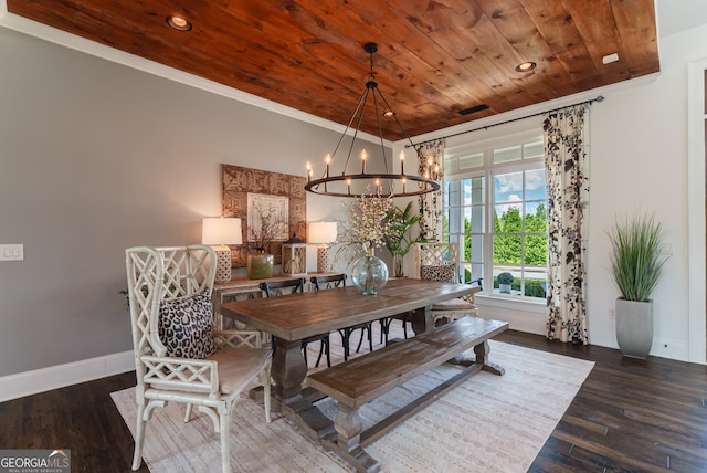 2816 Oconee Springs Dr, Statham, GA 30666 - dining room featuring wooden ceiling, a chandelier, wood finished floors, recessed lighting, and crown molding