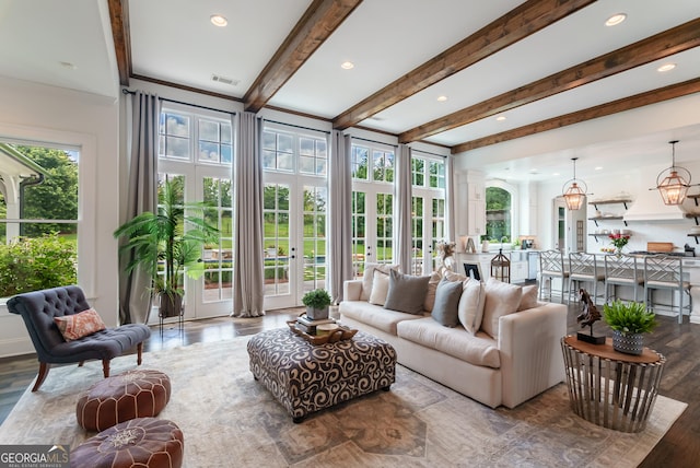 2816 Oconee Springs Dr, Statham, GA 30666 - living room with recessed lighting, wood finished floors, beam ceiling, and ornamental molding