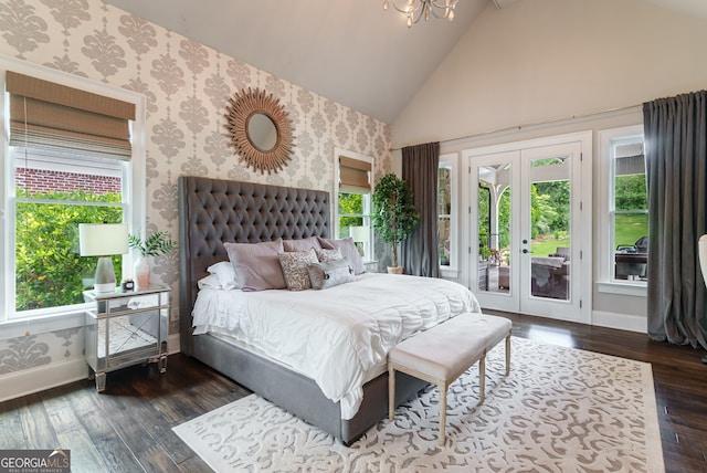 2816 Oconee Springs Dr, Statham, GA 30666 - bedroom featuring wallpapered walls, access to outside, french doors, multiple windows, and high vaulted ceiling