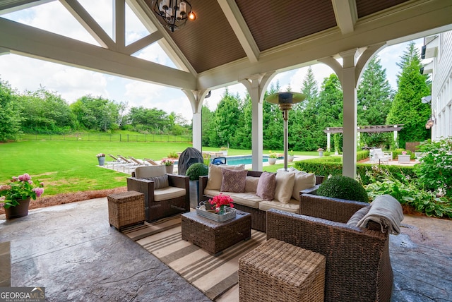 2816 Oconee Springs Dr, Statham, GA 30666 - view of patio / terrace with outdoor lounge area, an outdoor pool, a gazebo, a pergola, and view of scattered trees