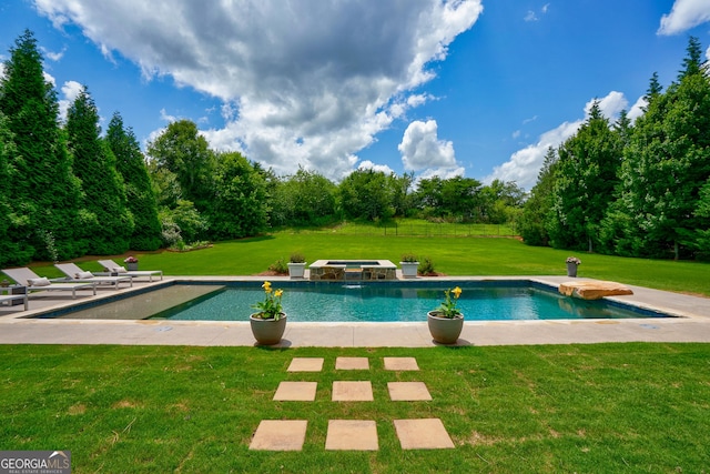 2816 Oconee Springs Dr, Statham, GA 30666 - view of pool with a lawn and a pool with connected hot tub