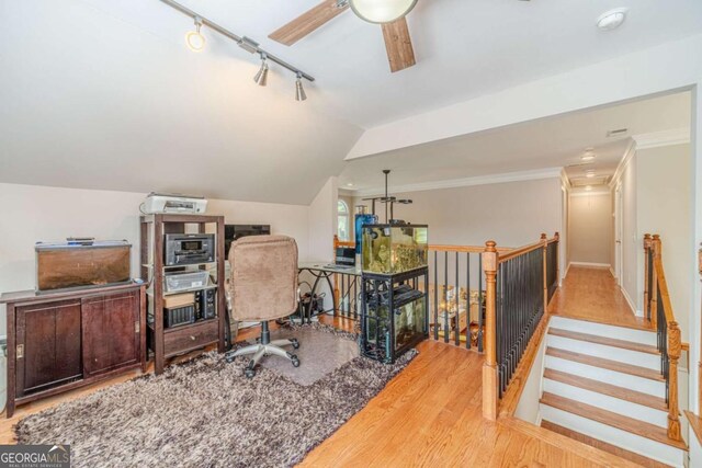 1461 Radstone Dr, Lawrenceville, GA 30044 - office featuring a ceiling fan, wood finished floors, crown molding, lofted ceiling, and rail lighting
