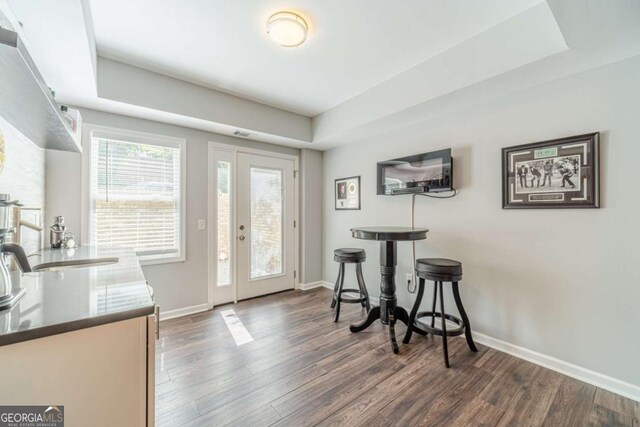 1461 Radstone Dr, Lawrenceville, GA 30044 - foyer featuring wood finished floors and a tray ceiling