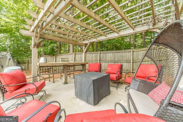1461 Radstone Dr, Lawrenceville, GA 30044 - fenced backyard featuring an outdoor hangout area, a pergola, and a patio