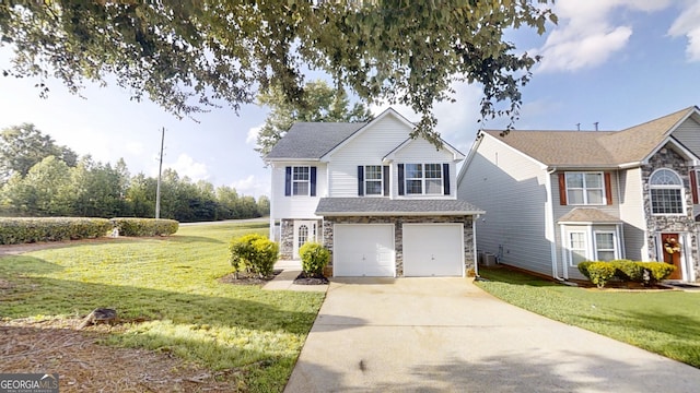 1001 Balsam Wood Trl, Villa Rica, GA 30180 - traditional-style home with stone siding, driveway, a front lawn, and an attached garage