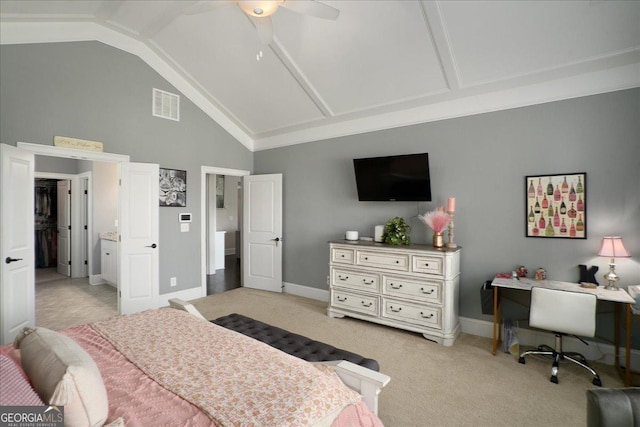 112 Sterling Lake Way, Jefferson, GA 30549 - bedroom featuring attic access, high vaulted ceiling, light colored carpet, ceiling fan, and an office area