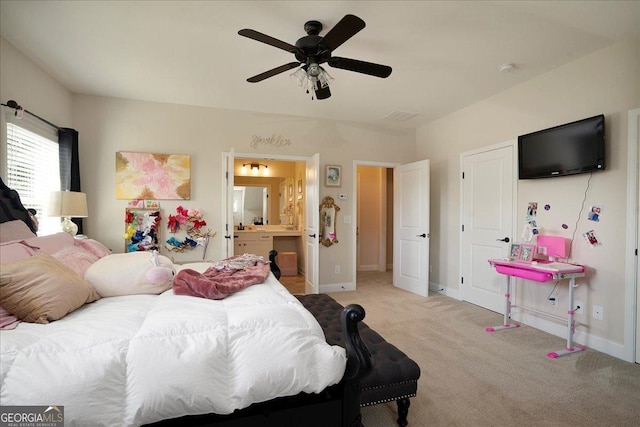 112 Sterling Lake Way, Jefferson, GA 30549 - bedroom featuring light carpet, ceiling fan, and ensuite bath