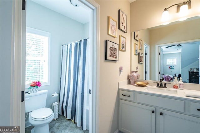 112 Sterling Lake Way, Jefferson, GA 30549 - bathroom with plenty of natural light, vanity, ceiling fan, and a shower with curtain