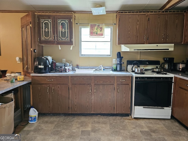 74 Holly Dr, Carrollton, GA 30116 - kitchen with gas range gas stove, range hood, light countertops, and stone finish flooring