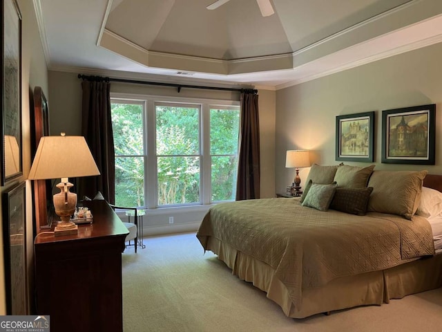 605 Meadows Creek Dr, Johns Creek, GA 30005 - bedroom with light carpet, crown molding, and a tray ceiling