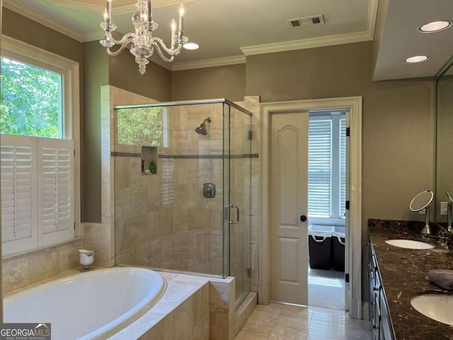 605 Meadows Creek Dr, Johns Creek, GA 30005 - bathroom featuring a bath, a shower stall, double vanity, crown molding, and a chandelier