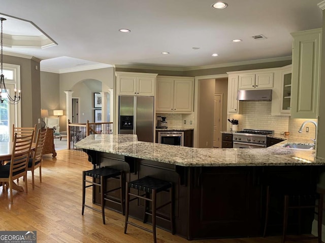 605 Meadows Creek Dr, Johns Creek, GA 30005 - kitchen with appliances with stainless steel finishes, under cabinet range hood, arched walkways, light stone countertops, and ornamental molding