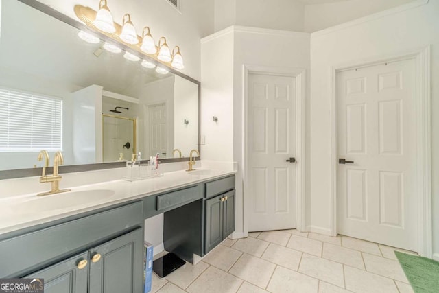 2895 Dominion Walk Ln, Snellville, GA 30078 - bathroom with a shower with shower door, double vanity, and tile patterned flooring