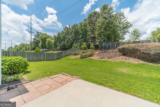 2895 Dominion Walk Ln, Snellville, GA 30078 - fenced backyard featuring a patio area and a trampoline