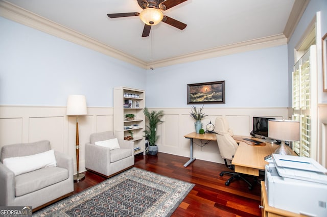 713 Birkdale Blvd, Carrollton, GA 30116 - office area with crown molding, a ceiling fan, wood finished floors, and wainscoting