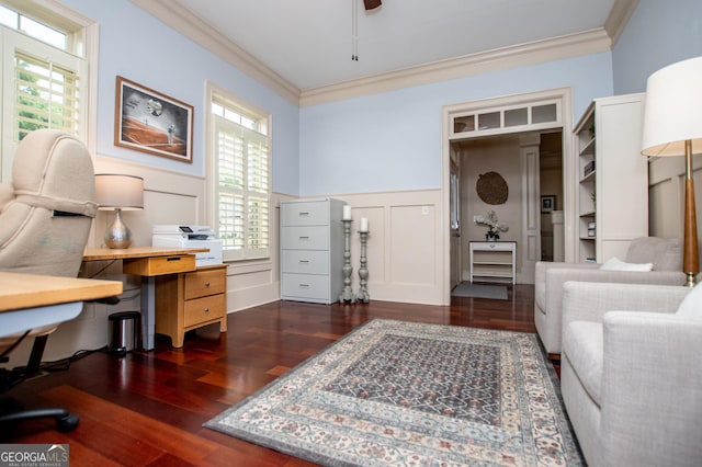 713 Birkdale Blvd, Carrollton, GA 30116 - home office featuring crown molding, a decorative wall, healthy amount of natural light, wood finished floors, and a wainscoted wall
