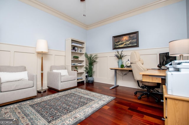 713 Birkdale Blvd, Carrollton, GA 30116 - office featuring crown molding, a wainscoted wall, a decorative wall, and wood finished floors
