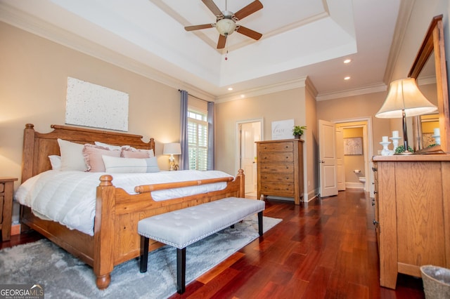 713 Birkdale Blvd, Carrollton, GA 30116 - bedroom featuring a raised ceiling, dark wood finished floors, crown molding, and recessed lighting