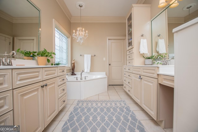 713 Birkdale Blvd, Carrollton, GA 30116 - full bathroom featuring vanity, tile patterned floors, crown molding, a bath, and a chandelier