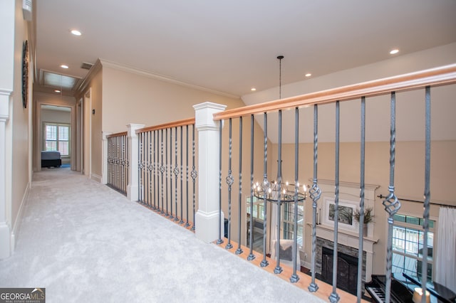 713 Birkdale Blvd, Carrollton, GA 30116 - corridor featuring carpet flooring, recessed lighting, crown molding, and a chandelier