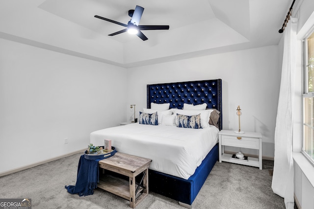90 Lake Avalon Ct, Dallas, GA 30157 - carpeted bedroom featuring a tray ceiling, multiple windows, and ceiling fan