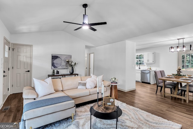 90 Lake Avalon Ct, Dallas, GA 30157 - living area with vaulted ceiling, dark wood-style floors, and ceiling fan