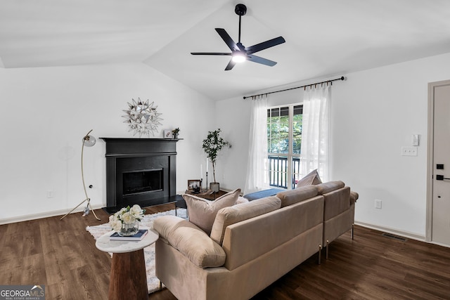 90 Lake Avalon Ct, Dallas, GA 30157 - living area with lofted ceiling, a ceiling fan, a fireplace, and wood finished floors