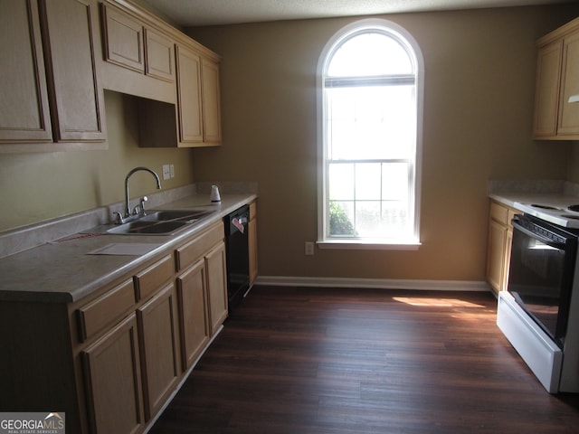 5799 Eagles Feather Ln, Riverdale, GA 30274 - kitchen with electric stove, dishwasher, dark wood-type flooring, and light countertops