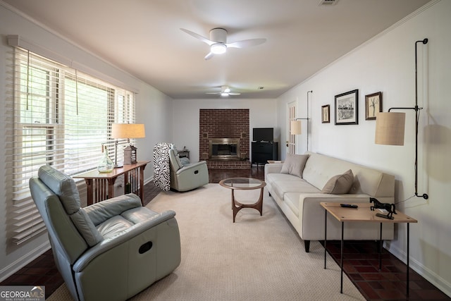 67 Dixie Park Rd NW, Rome, GA 30165 - carpeted living area featuring ceiling fan, a brick fireplace, and crown molding