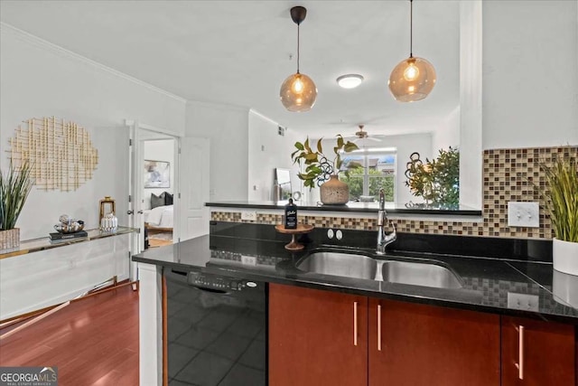 390 17th St NW Unit 4031, Atlanta, GA 30363 - kitchen with black dishwasher, a ceiling fan, pendant lighting, crown molding, and dark wood-style flooring