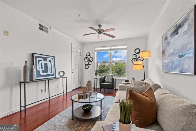 390 17th St NW Unit 4031, Atlanta, GA 30363 - living area featuring wood finished floors, a ceiling fan, and ornamental molding