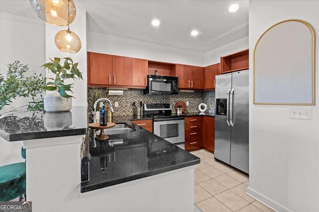 390 17th St NW Unit 4031, Atlanta, GA 30363 - kitchen featuring appliances with stainless steel finishes, open shelves, tasteful backsplash, light tile patterned floors, and a peninsula