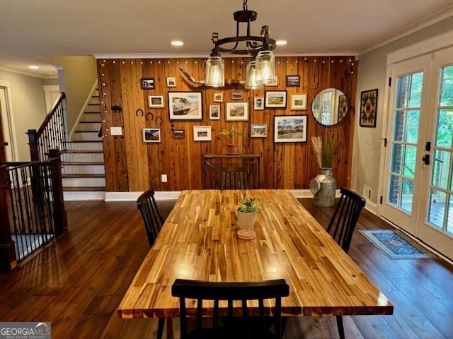 360 Morgan Mill Rd, Brooks, GA 30205 - dining space with french doors, crown molding, a chandelier, recessed lighting, and wood finished floors