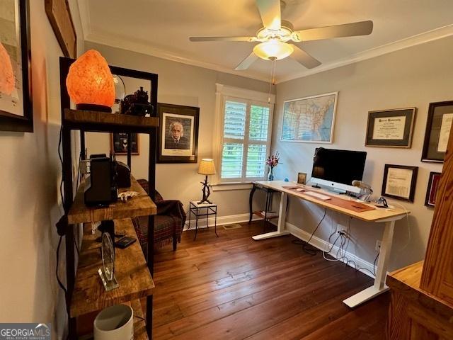 360 Morgan Mill Rd, Brooks, GA 30205 - office featuring a ceiling fan, hardwood / wood-style floors, and ornamental molding
