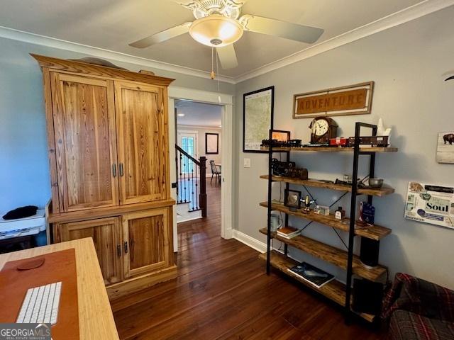 360 Morgan Mill Rd, Brooks, GA 30205 - hall featuring dark wood-style flooring, ornamental molding, and stairs