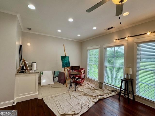 360 Morgan Mill Rd, Brooks, GA 30205 - office space featuring crown molding, wood-type flooring, recessed lighting, and a ceiling fan