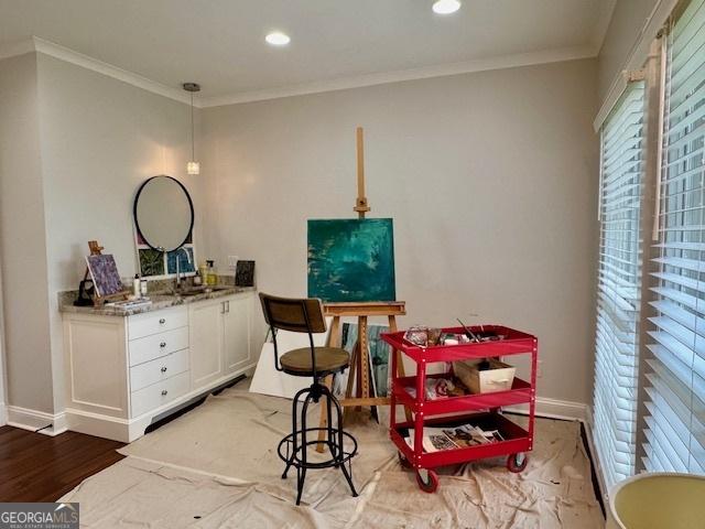 360 Morgan Mill Rd, Brooks, GA 30205 - office area with crown molding, wood finished floors, and recessed lighting