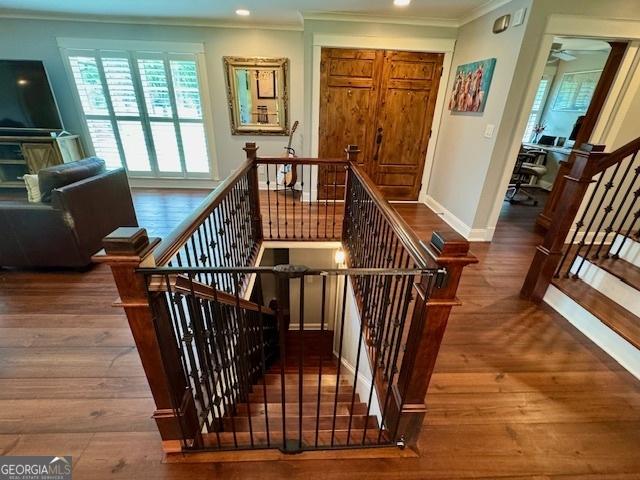 360 Morgan Mill Rd, Brooks, GA 30205 - stairway featuring wood finished floors, ornamental molding, a ceiling fan, and recessed lighting